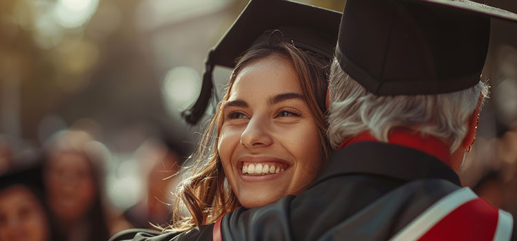 woman who has graduated from college being hugged by fellow grad