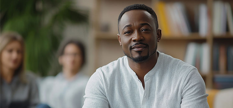 substance abuse counselor sits in front of two members of his recovery support group