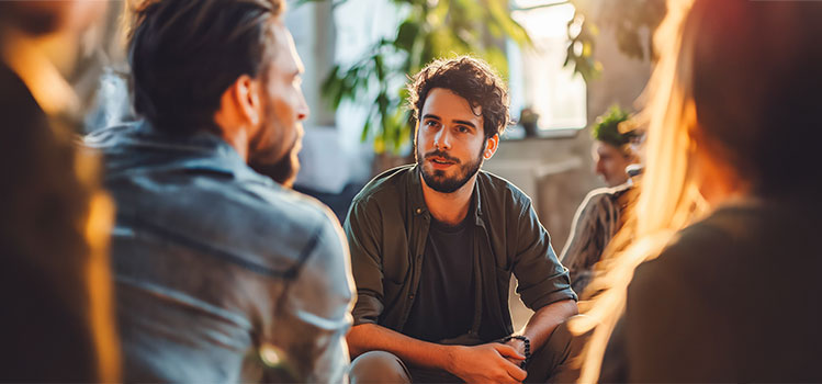 substance abuse counselor talks to group of recovering people at a session